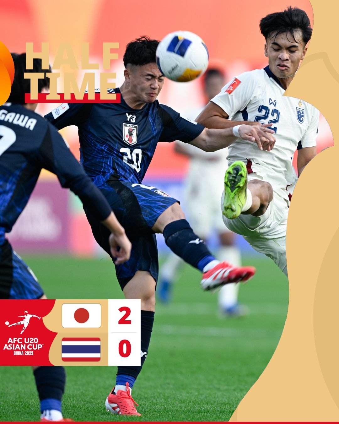 半場日本U2020領(lǐng)先泰國U20，石井久繼破門+中柱泰國0射正