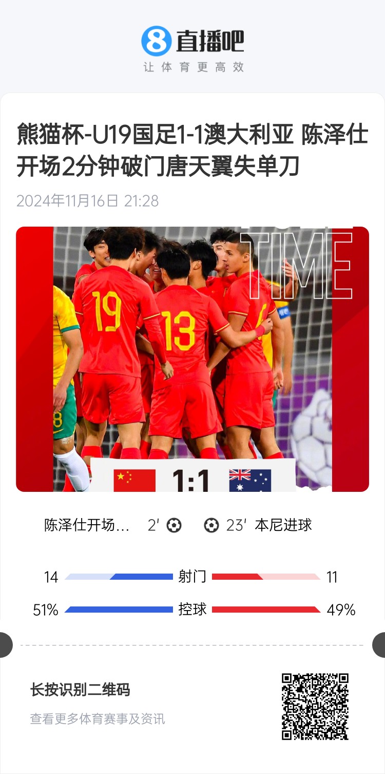 二番戰(zhàn)！U20國青與澳大利亞去年熊貓杯剛有過交手，雙方11戰(zhàn)平